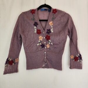 Phillip Chi Purple Mohair Wool Blend Embroidered Cardigan Cottagecore Boho Sz M